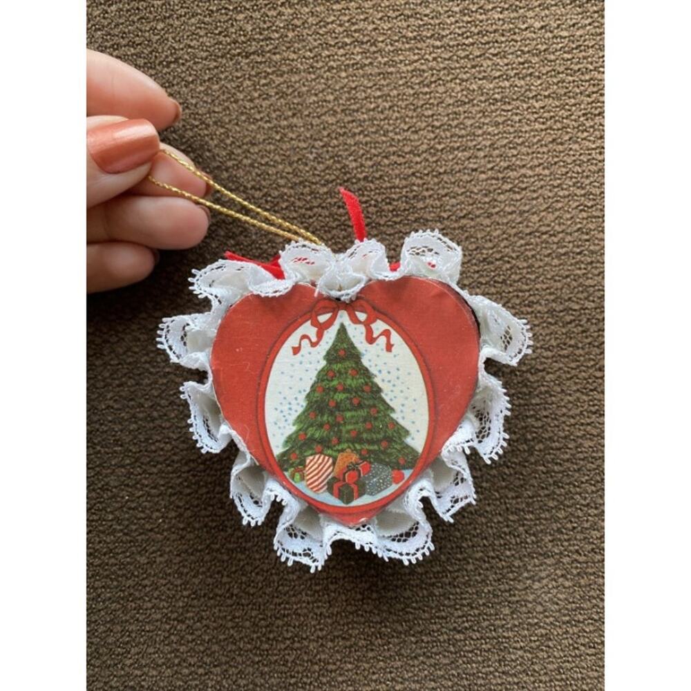 Handmade Red Wooden Heart Decoration Christmas Tree Ribbon White Ornament Cute